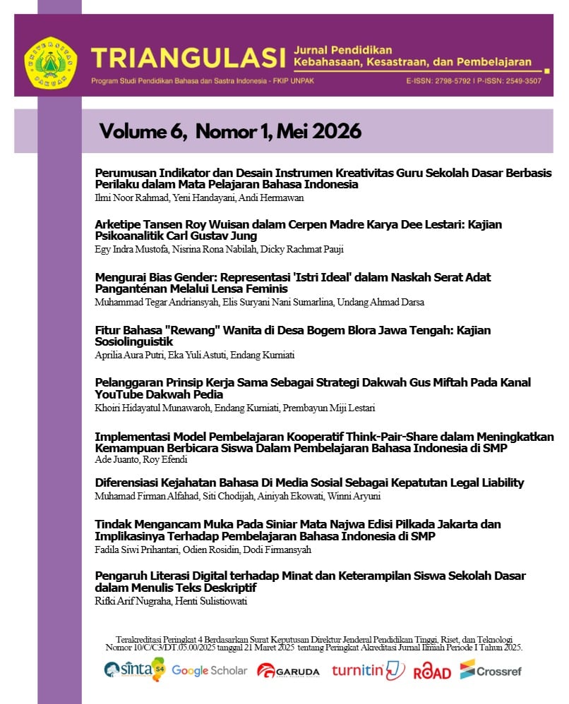 					View Vol. 6 No. 1 (2026): Triangulasi: Jurnal Pendidikan Kebahasaan, Kesastraan, dan Pembelajaran
				